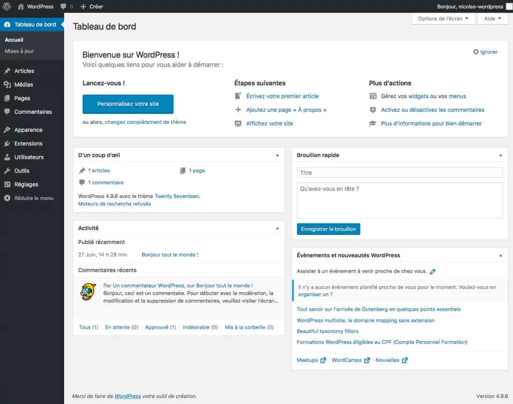Tableau de bord de WordPress